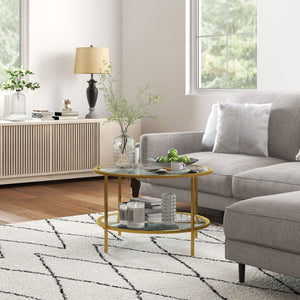 English Elm Homcom Gold Round Side Table With 2-Tier Glass Shelves, Stylish Storage For Modern Living Room Decor W2225P217456