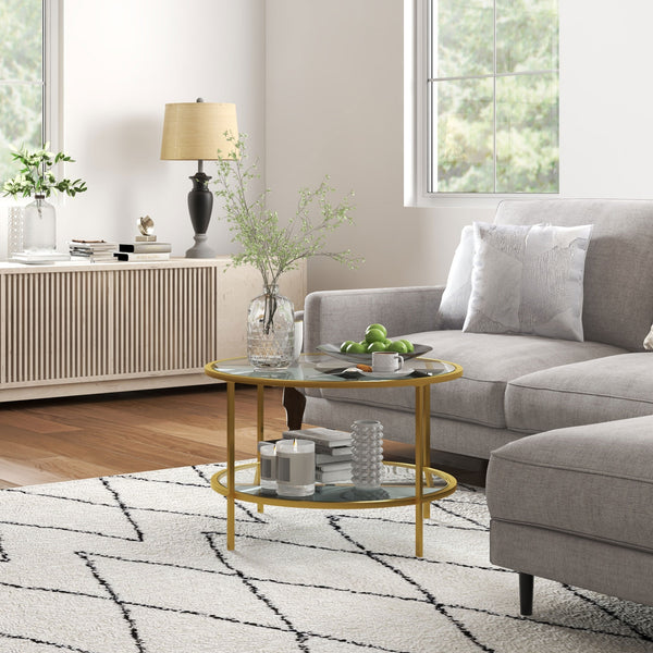 English Elm Homcom Gold Round Side Table With 2-Tier Glass Shelves, Stylish Storage For Modern Living Room Decor W2225P217456