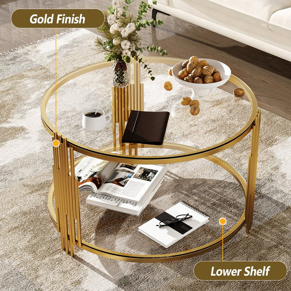 English Elm Modern Glass Coffee Table 31.5" – Asymmetrical Gold Metal Drum Base, Tempered Clear Top & Lower Shelf N735P177478K