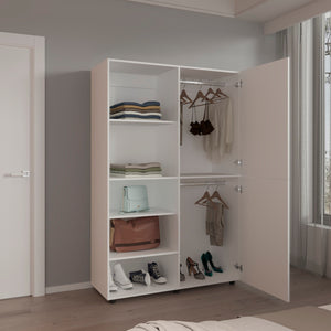 English Elm Wardrobe Spacious 72.4" H Two-Door Engineered Wood Closet with Five Shelves, Six Legs, Modern Appeal White 40.94 L x 29.13 W x 5.51 H B097S00204