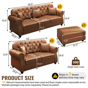 English Elm Upholstered Faux Leather Chesterfield Sofa with Button Tufting Nailhead Trim and Pillows Brown W1885S00437