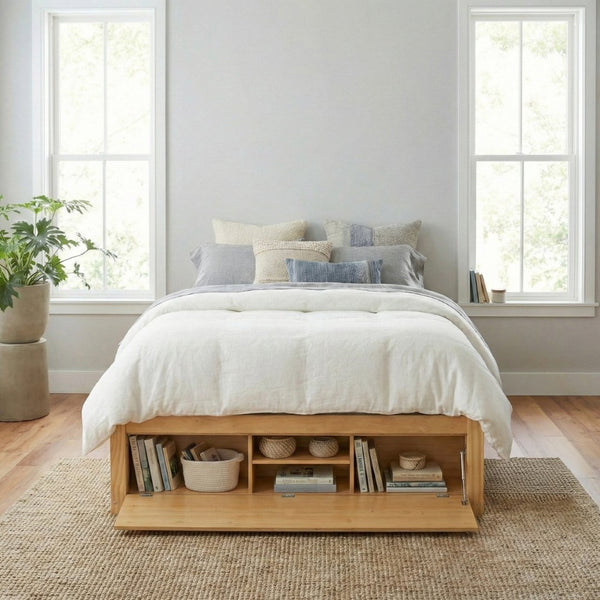 English Elm Queen Platform Storage Bed with Hydraulic Lift Footboard and Four Drawers Antique Finish Natural LP000139AAN