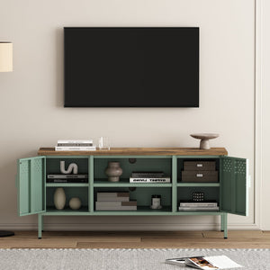 English Elm Landen 47" Metal Storage Cabinet with Wood Top and Cable Management — Sleek Industrial TV Console, Adjustable Legs Sage Green B365P397847