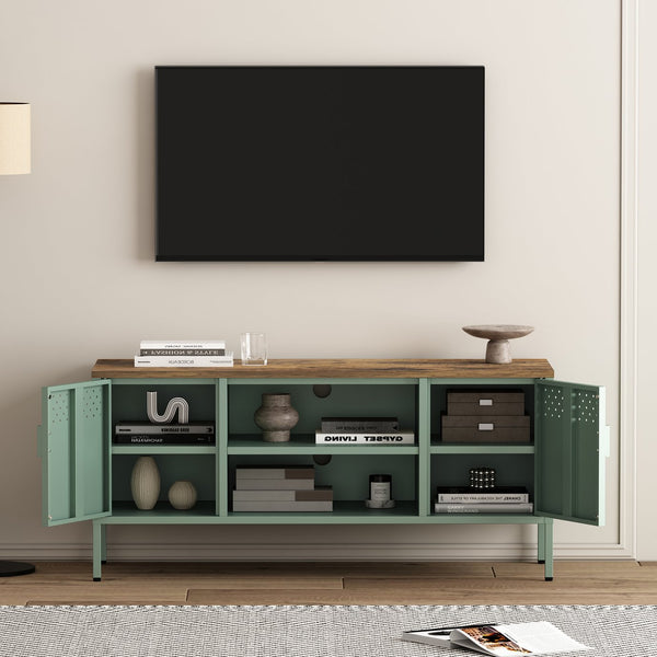 English Elm Landen 47" Metal Storage Cabinet with Wood Top and Cable Management — Sleek Industrial TV Console, Adjustable Legs Sage Green B365P397847