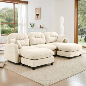 English Elm Modular U-Shaped Sectional Couch With Ottoman, Premium Chenille, Tufted Backrest, 2 Pillows, Beige W714S01369