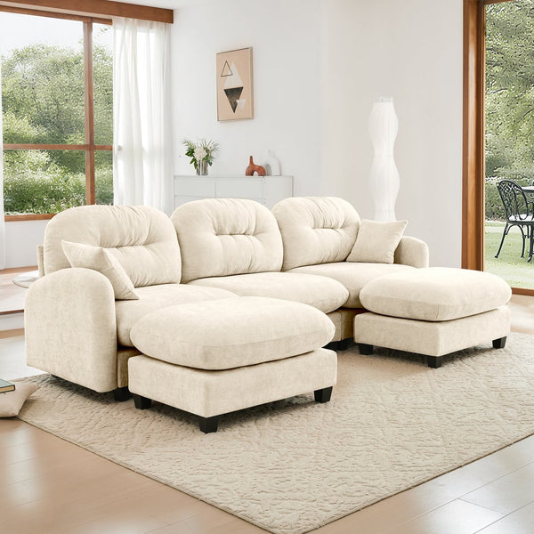 English Elm Modular U-Shaped Sectional Couch With Ottoman, Premium Chenille, Tufted Backrest, 2 Pillows, Beige W714S01369