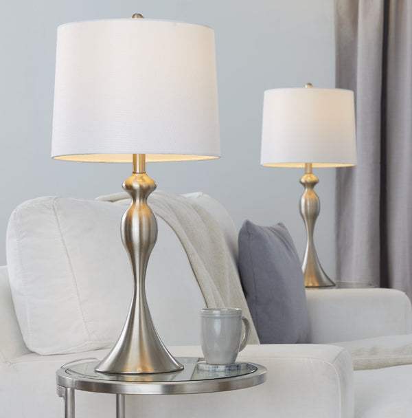 English Elm 27" Brushed Nickel Hourglass Table Lamps with Linen Shades for Bedroom or Living Room B202P224091