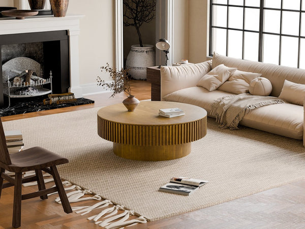 English Elm 39.37'' Fluted Drum Round Coffee Table Lift Top Hidden Storage Wood Veneer Modern W1435P409016