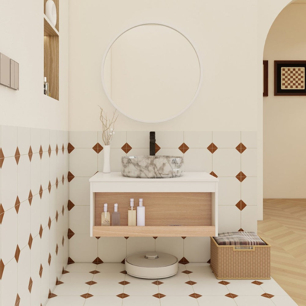 English Elm 30" Floating Wall Mount Bathroom Vanity Open Shelf Ceramic Vessel Sink Modern White Grey+White,White + Light Oak W3450S00059