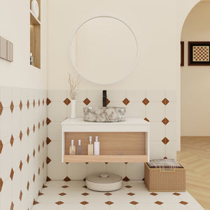 English Elm 30" Floating Wall Mount Bathroom Vanity Open Shelf Ceramic Vessel Sink Modern White Grey+White,White + Light Oak W3450S00059