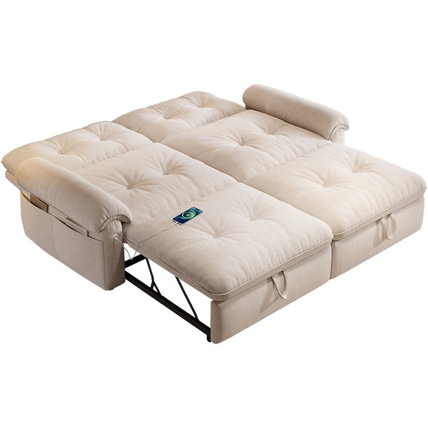 English Elm It 77-inch convertible velvet sofa bed, 2-in-1 loveseat to guest bed with steel frame, high-resilience foam comfort Beige W3820S00014