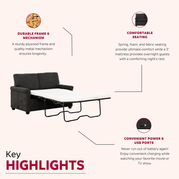English Elm Convertible Twin Sleeper Sofa with USB Ports — Dark Gray 54" Compact 2-Seater Sofa Bed with Pocket Springs, Linen Upholstery & Side Outlet for Small Spaces B011P198404
