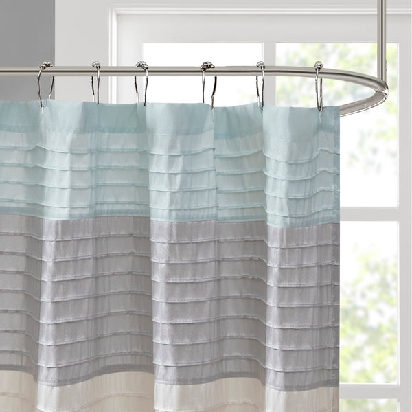 JLA Home Madison Park - Faux Silk Dupioni Shower Curtain with Pintuck Texture and Color‑Block Panels for Hotel-Quality Bath Aqua MP70-2978