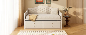 English Elm Twin Daybed with Trundle and 2 Storage Drawers, Upholstered Button-Tufted Sofa Bed for Guest Room Comfort and Organization Beige 45.25 L x 19 W x 8 H N733S346767A