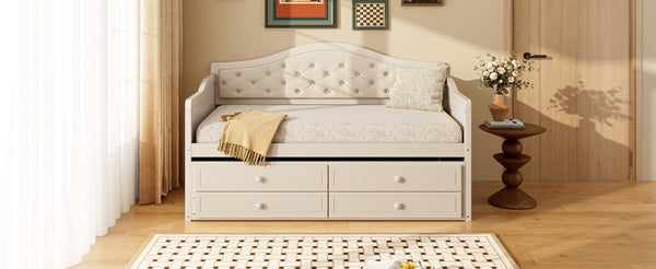 English Elm Twin Daybed with Trundle and 2 Storage Drawers, Upholstered Button-Tufted Sofa Bed for Guest Room Comfort and Organization Beige 45.25 L x 19 W x 8 H N733S346767A