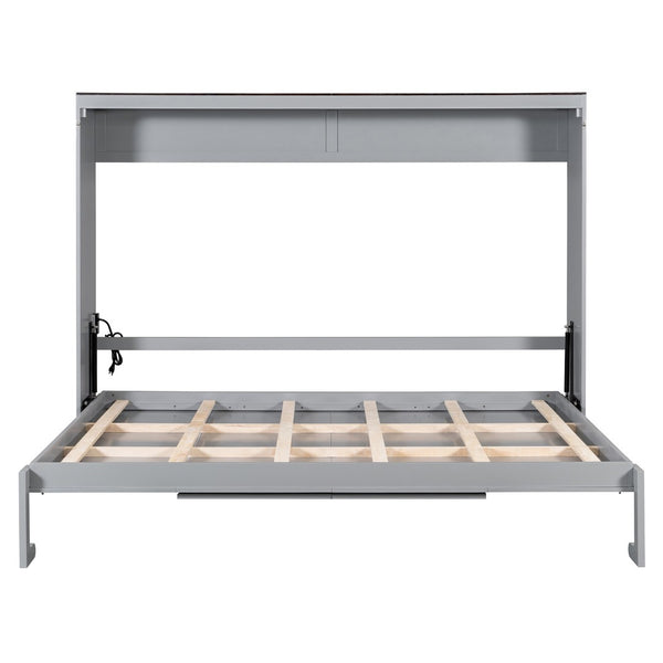 English Elm Queen Murphy Wall Bed with Usb Ports Space Saving Cabinet for Guest or Home Office Gray LP000385AAE