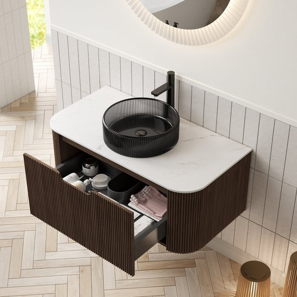 English Elm Dina Floating Bathroom Vanity Sintered Stone Top Glass Basin Striped Plywood Cabinet W2615S00424
