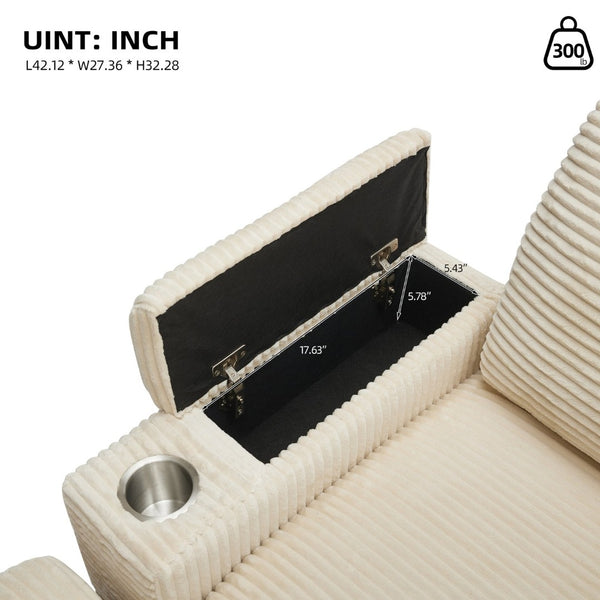 English Elm Corduroy Chaise Lounge Sofa With Movable Ottoman, Armrest Storage & Cupholders For Comfort W2120S00003-GIGA