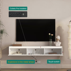 English Elm Floating Wall Mounted Tv Shelf with Led Lighting Power Outlets Gloss White Media Storage W1321P351899