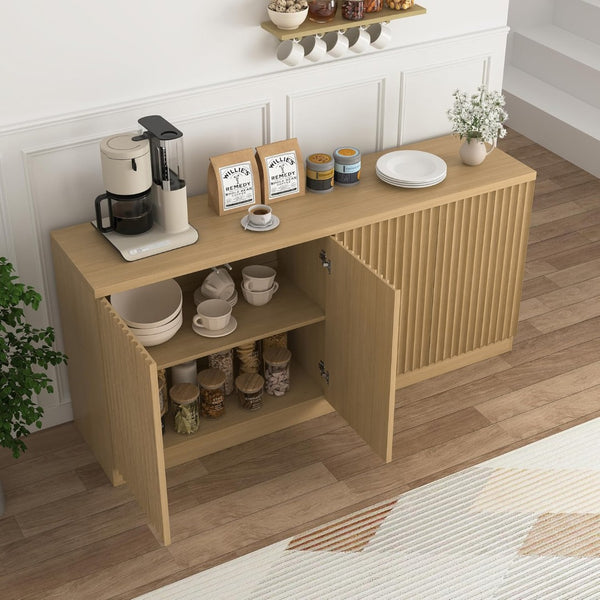 English Elm Buffet Credenza with Four Door Enclosed Shelving Natural Wood Finish Dining Hallway W409P327404