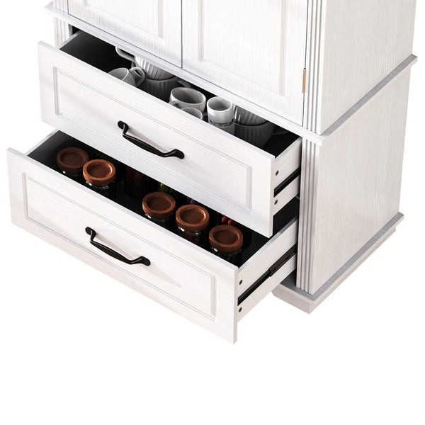 English Elm K&K 71" Farmhouse Pantry Cabinet with Embossed Texture, 2 Drawers, 8 Door Racks, Adjustable Shelves, Anti-Tip Stability Ameican White Oak N707P254905W