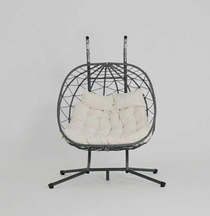English Elm 2 Person Wicker Hanging Egg Chair with Freestanding Stand Outdoor Patio Swing Seat Beige W1703P443731