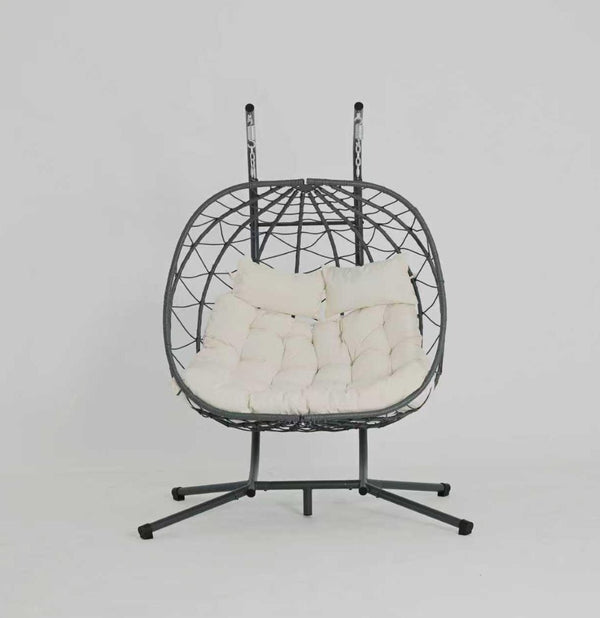 English Elm 2 Person Wicker Hanging Egg Chair with Freestanding Stand Outdoor Patio Swing Seat Beige W1703P443731