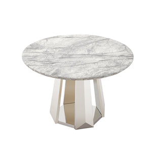 English Elm 47" Round Marble Dining Table - Elegant High Gloss Faux Marble Top & Durable Stainless Steel Base W3456S00008