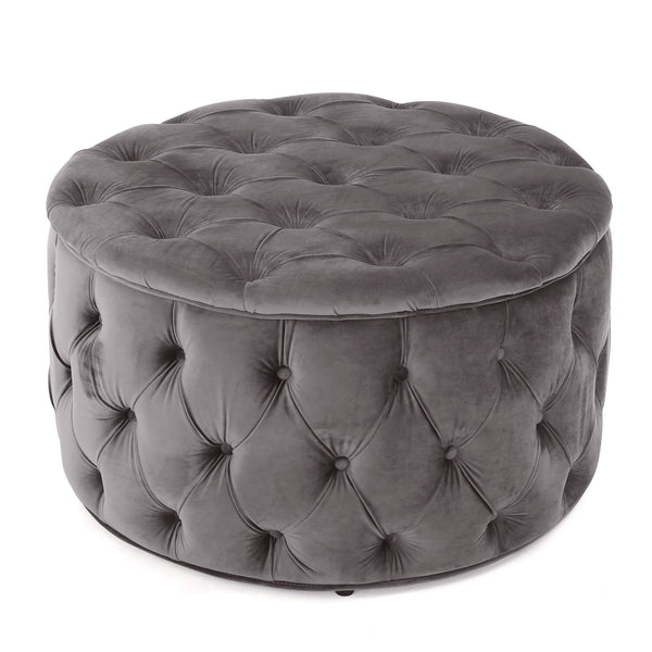 English Elm Christopher Knight Home® - OTTOMAN Velvet Tufted Diamond Stitch Cocktail Seat — Modern Glam Round Pouf, Durable Polyester Finish Grey 59313.00GRY