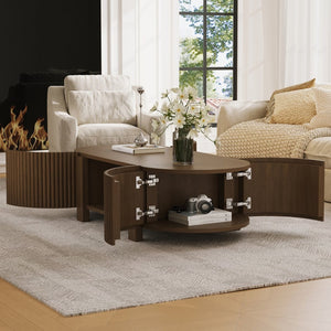 English Elm Oval Fluted Rubberwood Coffee Table with Open Storage Shelf for Living Room Walnut N735P369880D