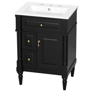 English Elm 24 Inch Freestanding Vanity with Ceramic Sink Rubberwood Frame Matte Finish Storage Black N725P356058B