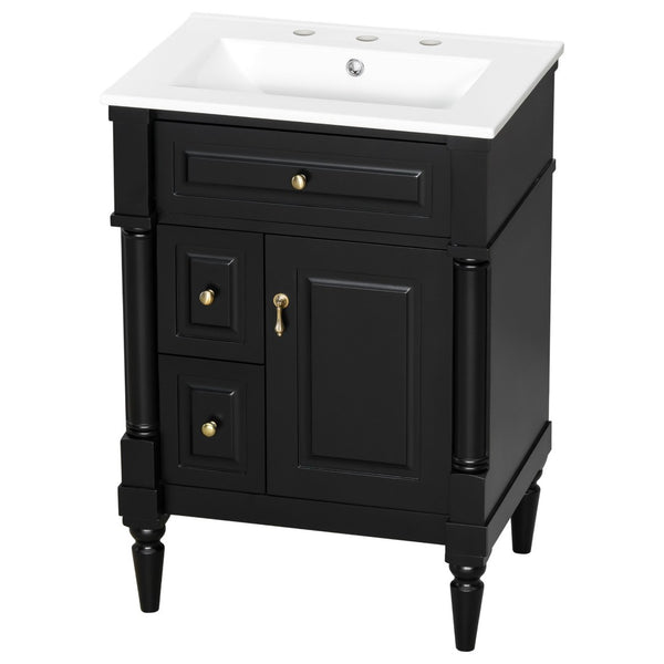 English Elm 24 Inch Freestanding Vanity with Ceramic Sink Rubberwood Frame Matte Finish Storage Black N725P356058B