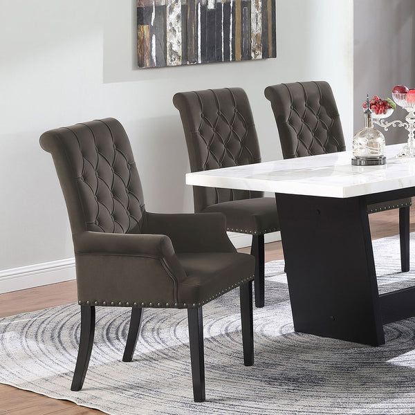 English Elm Norwich Elegant Upholstered Dining Arm Chair with Button Tufting, Rolled Top & Nailhead Trim for Cozy Seating Brown B062P374085