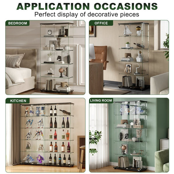 English Elm Glass Display Cabinet Five Tempered Shelves Lockable Doors Matte Black Living Room W3190S00002