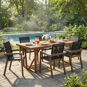 English Elm 7 Piece Acacia Wood Outdoor Dining Set Teak Table Mesh Chairs Backyard Patio N762S000004AAE