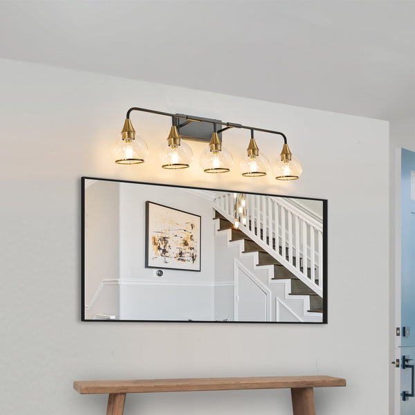 English Elm 40" Modern 6-Light LED Vanity Light — Sleek Iron & Acrylic Bathroom Wall Fixture, Dimmable, 36W Black+Gold W2312P374982