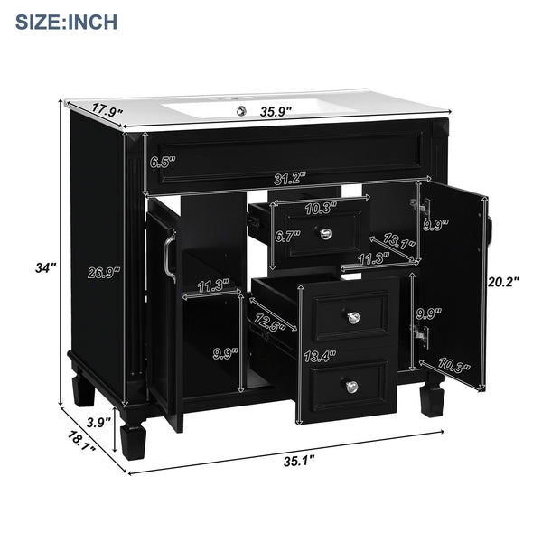 English Elm 36'' Modern Bathroom Vanity With Black Ceramic Top, Soft Closing Doors & Drawers For Stylish Storage N710P230231B