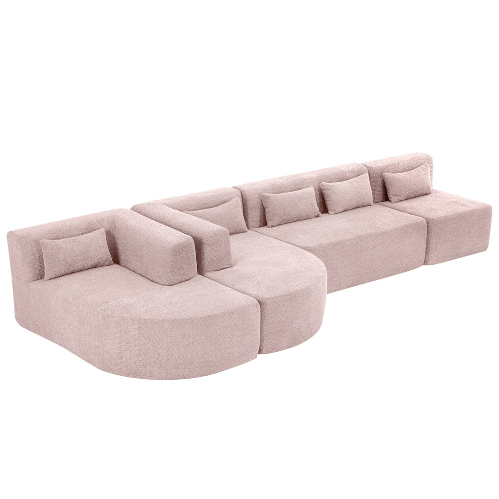 English Elm 144" Upholstered L-Shape Sofa with Bouclé Fabric, Plush Pocket-Spring Seats & Five Pillows for Living Room Pink N719S001850P