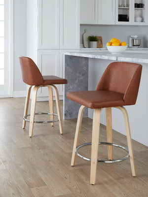 English Elm Fixed-height Swivel Counterstools Natural Wood Bentwood Legs Camel Faux Leather Set 2 B202S01767