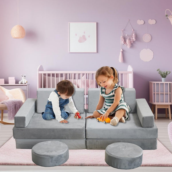 English Elm 10 Piece Modular Foam Play Couch Set Soft Frameless Sectional for Bedroom Playroom Light Gray T5880P493405