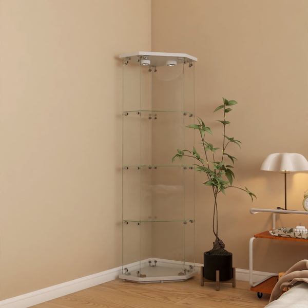 English Elm Lighted Corner Display Cabinet Four Tempered Glass Shelves Led Lit Living Room Tower White W1510P436490