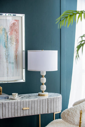 English Elm D15x26.5" Marble Table Lamp with White Fabric Drum Shade, Brass Finial, Modern Vintage Accent (26.5") W2078P399245