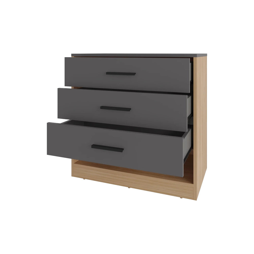 English Elm Natural Oak Modern Dresser with Open Shelf and 3 Drawers — Sleek Matt Grey Accent, Compact Storage B062P290237