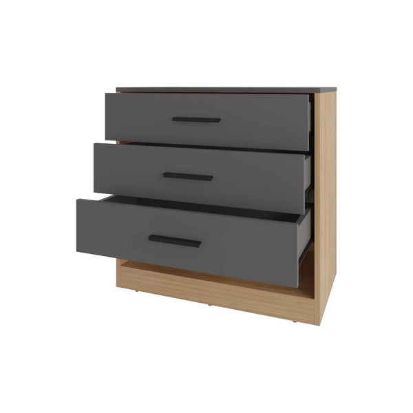 English Elm Natural Oak Modern Dresser with Open Shelf and 3 Drawers — Sleek Matt Grey Accent, Compact Storage B062P290237