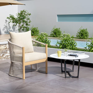 English Elm Christopher Knight Home® - Modern Beige Curved Aluminum Lounge Chair with Rope-Weave, Weatherproof Cushions for Patio Comfort N767P237033B