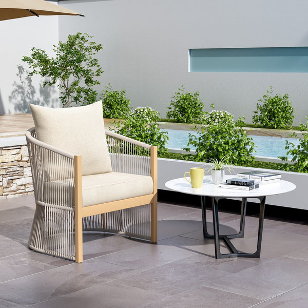 English Elm Christopher Knight Home® - Modern Beige Curved Aluminum Lounge Chair with Rope-Weave, Weatherproof Cushions for Patio Comfort N767P237033B