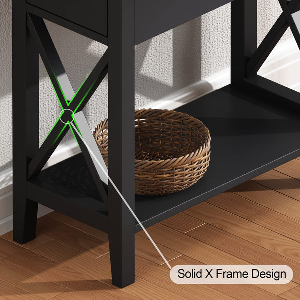 English Elm 2-Drawer Flip Top End Table with Drawer and Shelf, Narrow Accent Nightstand for Small Spaces Black T3771P356720