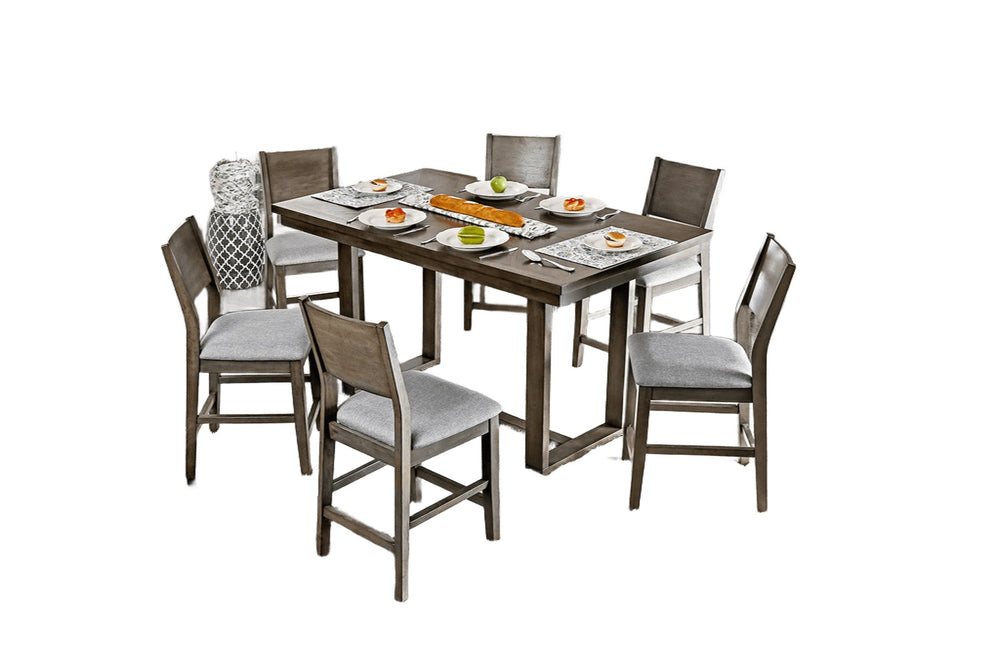 English Elm Dining 7pc Counter Height Dining Set Gray Finish with Light Gray Padded Fabric Chairs, Sturdy 66" Table B2741S00096