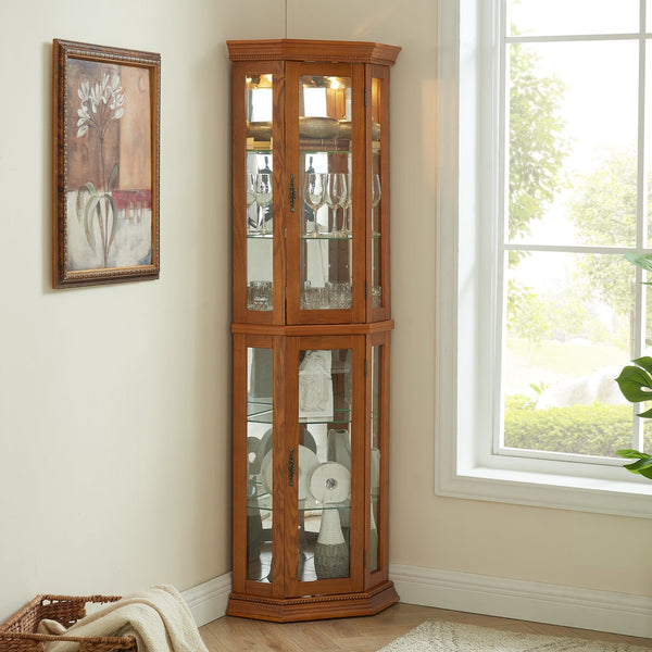 English Elm Lighted Corner Curio Cabinet - Elegant Display Shelf With Adjustable Glass Shelves & Ambient Lighting W1758P300137