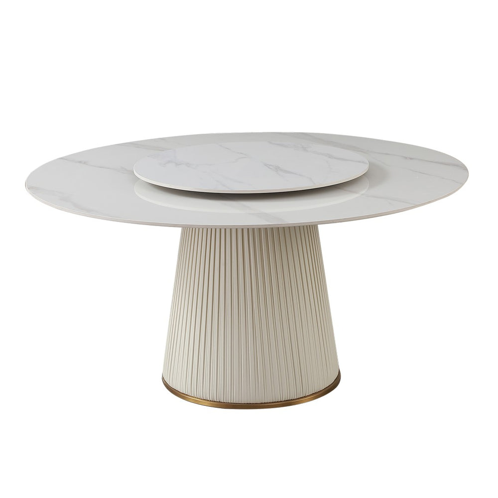 English Elm 59"modern Sintered Stone Round Dining Table with Turntable Leather Pedestal Seats Eight W509S00164